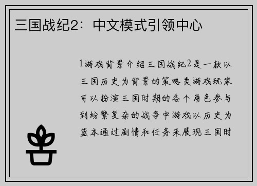 三国战纪2：中文模式引领中心