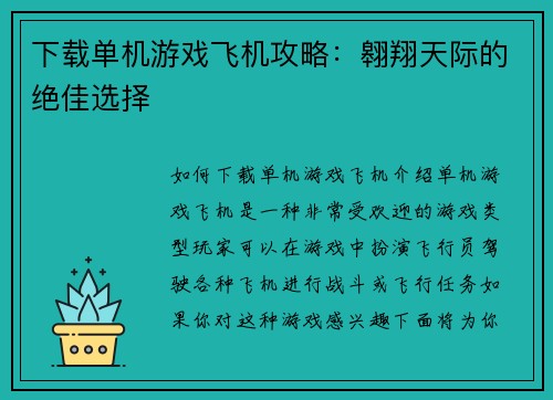 下载单机游戏飞机攻略：翱翔天际的绝佳选择