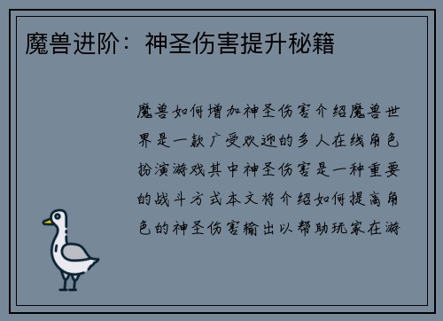 魔兽进阶：神圣伤害提升秘籍