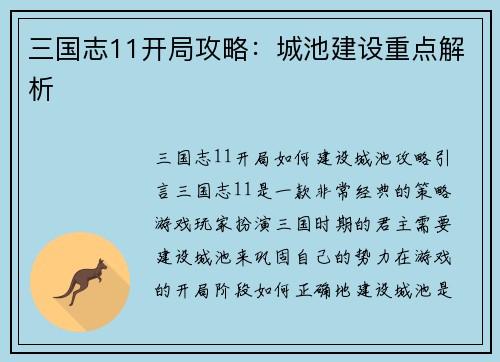 三国志11开局攻略：城池建设重点解析