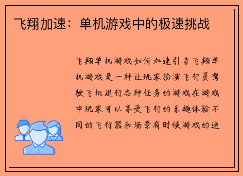 飞翔加速：单机游戏中的极速挑战